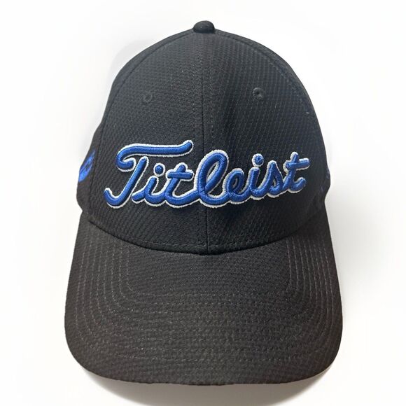 Titleist Golf Hat Cap Black Blue Script Pro V1 A-Flex Fitted L/XL FootJoy - Picture 1 of 6